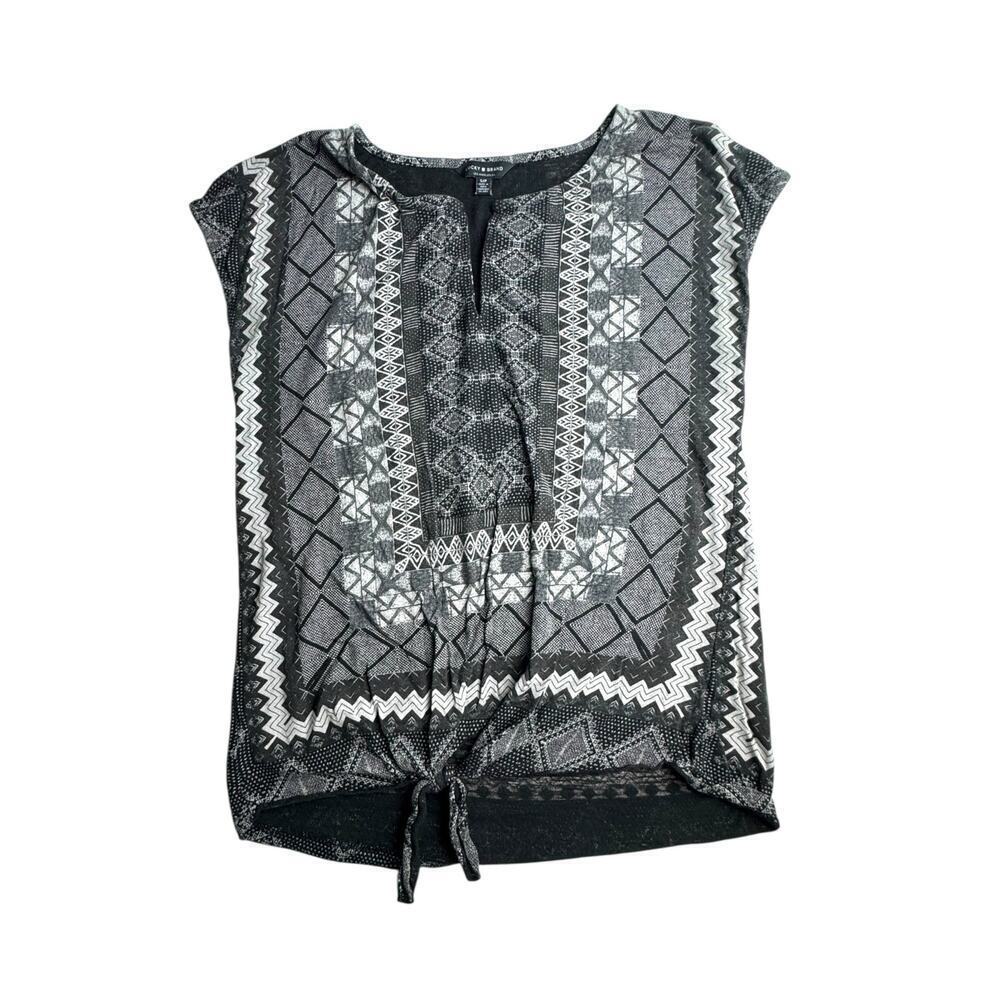 Lucky Brand Women’s Boho Tribal Print Tie Front Top Black White Size Small S/P